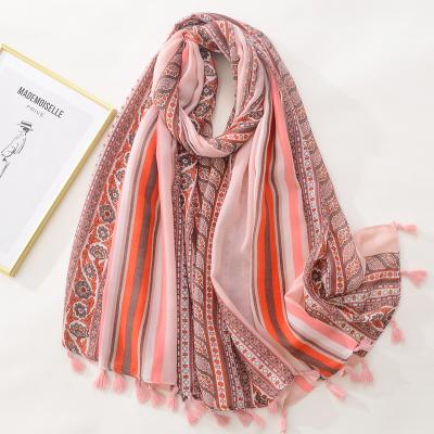 China New Custom Printed Polyester Scarf Boho Beach Shawls With Tassels Long Polyester Printing Scarf For Women for sale