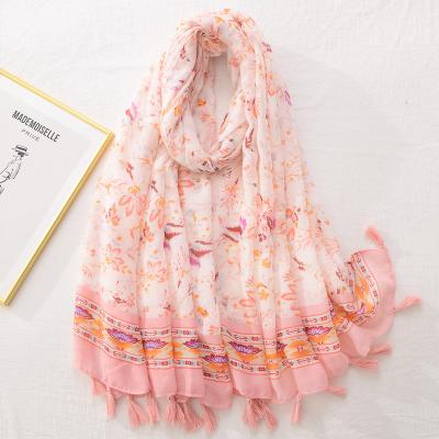 China Polyester 2022 Women Spring Long Cotton Hijab Floral Printed Canvas Shawl Scarf With Tassels for sale