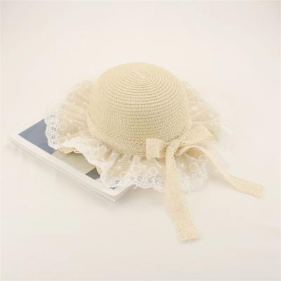 China Hot-selling Spring Summer Straw Hat 52cm Sun Protection Lace Bow-tied Round Kids Straw Hat Striped for sale