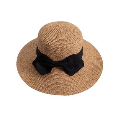 China Large Breathable Bowknot Beach Hat Sun Adults Female 100% Straw Floppy Hats For Summer Foldable Paper Straw Hat for sale