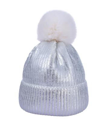 China Fashion JOINT Women's Foil Thicken Hat Winter Autumn Knitted Beanie Hat With Outdoor Warm Fur Pom Pom for sale