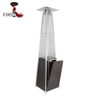 China Stored Wood Textured Stainless Steel Glass Tube Propane Blue Flame Pyramid Outdoor Patio Gas Heater for sale