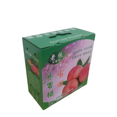 China Recyclable Single Wall 3 Layer Graphic Printing Peach Corrugated Cardboard Fruit Fruit Cardboard Box With Plastic Handles for sale