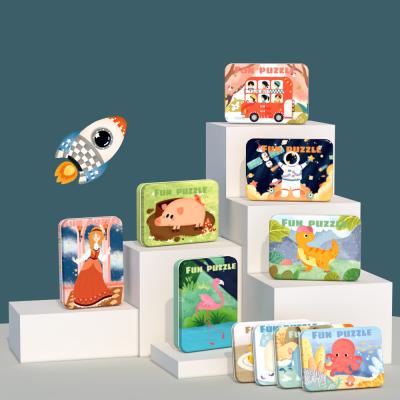 China High Grade Toddler Eco-friendly Material Cartoon Style 5 in 1 Jigsaw Toy Early Educational Delicate Tin Box Wooden Jigsaw Puzzle for sale