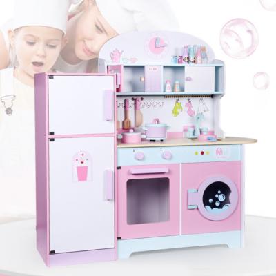 China Playing Educational Children Pretend Play Toy Safe Water Paint Pink Color Wooden Happy Fridge Kitchen Toys for sale