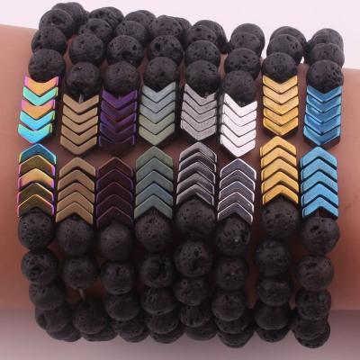 China FASHIONABLE Natural Volcanic Stone Energy Bead Yoga Hematite Arrow Elastic Handmade Bangle Bracelet for sale