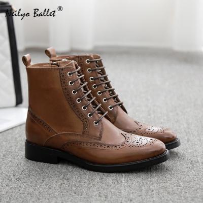 China Anti-Smell British Style Brogue Oxford Dress Sharp Leather Lace Up Booties Women Handmade Leather Oxford Ankle Boots British Style Shoes for sale