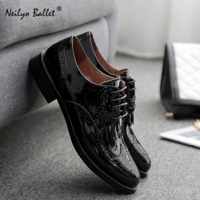 China Black Vintage Salmon Anti-Smell Mouth Oxford Shoes Elegant Women Handmade Casual Brogue Leather Oxford Shoes for sale