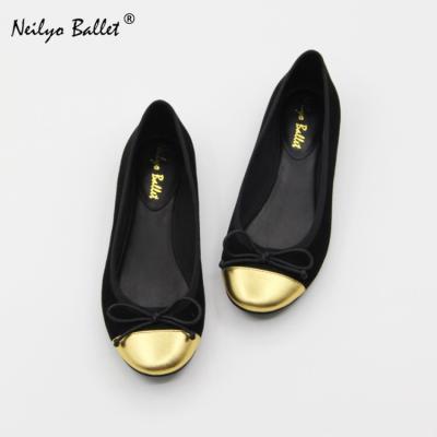 China Anti-Smell Black Gold Beaty Bowknot Ladies Single Ballet Shoes Leather Trim Color Soft Elegance Puer Flat Shoes for sale