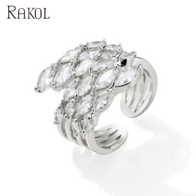 China RAKOL RP5026 CLASSIC Hot Sale Hyperbola Micro Inlaid Gemstone Crystal Shining Leaf Ring for sale