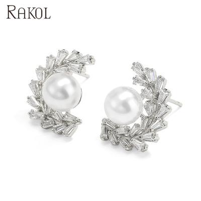 China FASHIONABLE Exquisite CZ Earrings Gold Stud Earrings Pearl RAKOL EP2465 Hypoallergenic Jewelry for sale