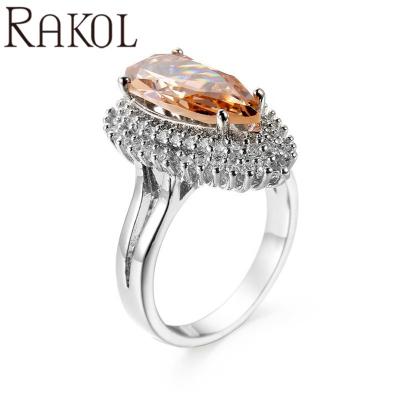 China CLASSIC Fancy Rakol ZR2296 Champagne Water Drop Zircon White Orange Gold Wedding Women Rings for sale