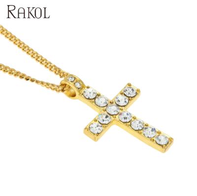 China RAKOL HN004 Hiphop Crystal Rhinestone 24k Gold Jewelry Egypt Cross Pendant Necklace for sale