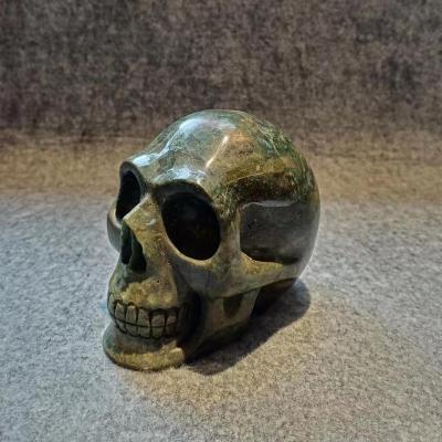 China Unique 5 inch Nature Dark Green High Quality Natural Ocean Jasper Hand Carved Gemstone Skulls for sale