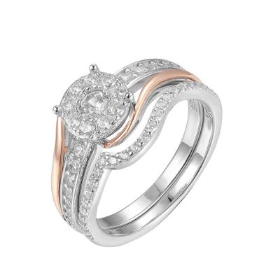 China Classic Classic Jewelry Gold Plated 9k Rose Gold And Silver Round Cut Diamond Halo Wedding Rings For Couple for sale