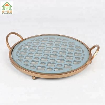 China hot sales antique hand carve rectangular bamboo wood serving tray with metal handle round galvanize metal tray with handle custom size for sale