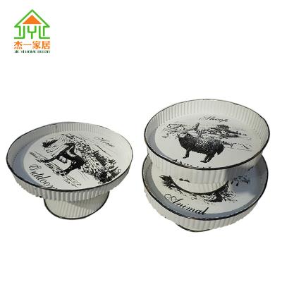 China Antique Serving Dish Set Of 3 Tier Metal Display Stand With High Quality White Stoneware 3 Rectangle Dessert And Snacks Server L: 37*37*20CM M: 31*31*17CM S: 26.5* 26.5*14CM for sale