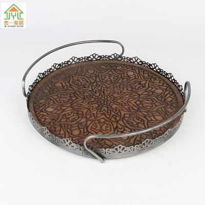 China Simple Design Useful Carving Pattern Metal Tea Tray Round Custom Size for sale