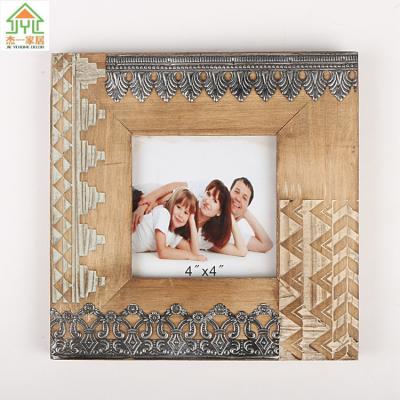 China Wooden hand carve square wooden frame for picture with metal sents for sale