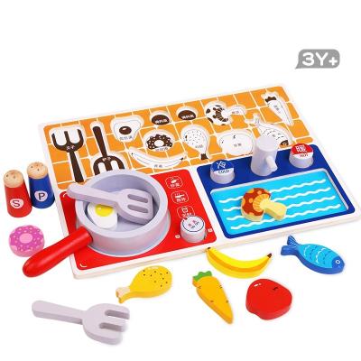 China Environmental material popular house mini game simulation cartoon kitchen brain wooden toy set for sale