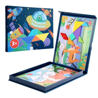 China Cartoon Toy Educational Toys Wooden Magnetic Tangram Puzzle Game Book for Children for sale