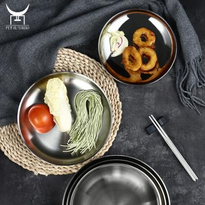 China Double Wall 304 Stainless Steel Food Dinner Dish Platter Sustainable Barbecue Style Metal Tableware Korean Food Korean Serving Dish for sale