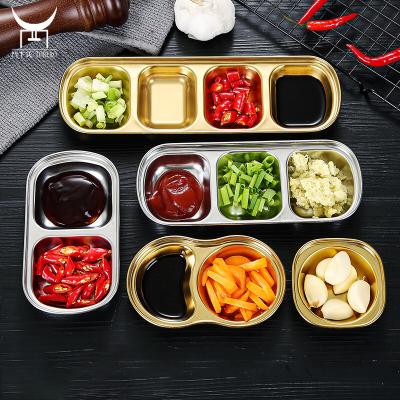 China Universal Home Kitchen Flavor Dishes Kimchi Dish Stainless Steel Universal Golden BBQ Divided Dipping Dishes Dipping Sauce Dish for sale