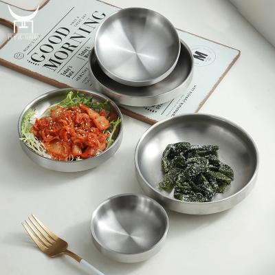 China 201/304 Stainless Steel Food Kimchi Double Layer Viable Korean Flavor Dish Marinate Thick Soy Dip Sauce Plate Bibimbap Dish for sale