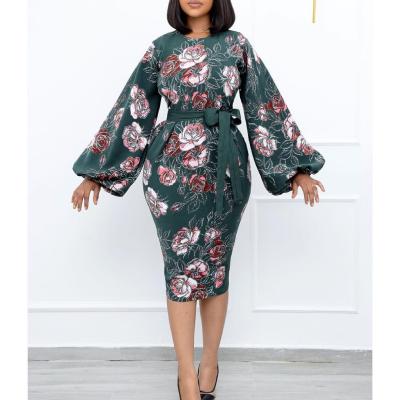 China 2021 Breathable Autumn Lantern Sleeve Bag Hip Skirt Printed Plus Size Women's Dress for sale