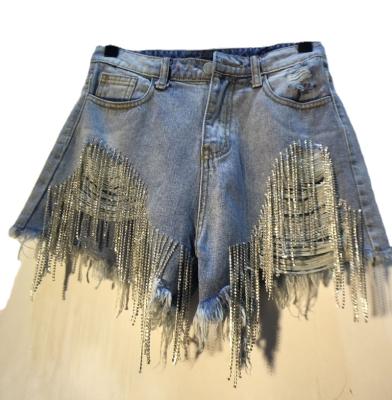 China 2021 Anti-Wrinkle Women Denim Shorts Heavy Rhinestone Tassels Nail Diamond Beads High Waist Light Blue Women Denim Shorts for sale