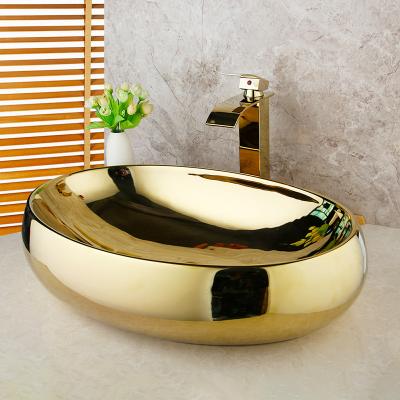 China Gold Plated Solid Faucet Set Polished Ceramic Basin Faucet Brass Gold Art Bathroom Basin Vessel Sink Ceramic Basin Sink for sale