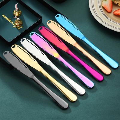 China Customized Viable Logo Stainless Steel Cheese Butter Knife 3 in 1 Metal Rainbow Butter Knife Spreader for sale