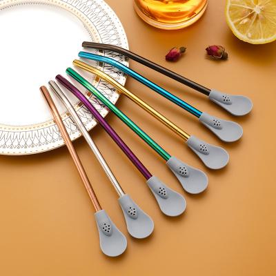 China Sustainable Reusable 304 Stainless Steel Metal Drinking Straw With Silicone Spoon for sale