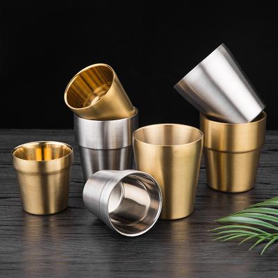 China Korean Style Gold Stocked Diamond Pattern Rinse Straight Cup 304 Stainless Steel Hammer Pattern Beer Mug Double Layer Restaurant Tea Cup for sale