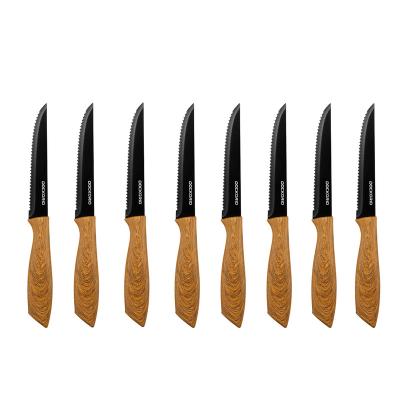 China Viable 8 Serrated Professional Shape Steak Knife Wood Grain Stainless Steel Knife Steak Knife Set for sale