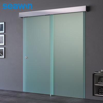 China Double frameless sliding tempered glass windproof acid barn door with hided rollers for sale