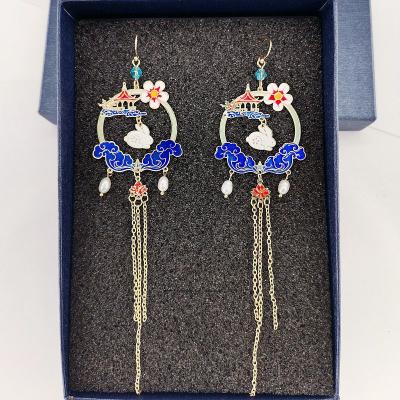 China New Style Casual/Sports Retro Chinese Style Toad Palace Jade Rabbit Earring Long Ear Clips Tassel Earrings for sale