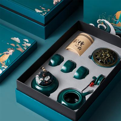 China Sustainable Guochao Antique Ceramic Tea Set Retro Wenchuang Real Estate Company Annual Meeting Gift Customized Logo for sale