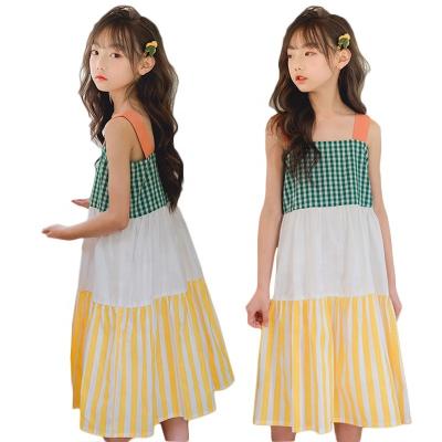 China Washable Suspender Skirt Kids Dresses Cotton Striped Plaid Skirt Patchwork Color Soft Sunbathing for sale