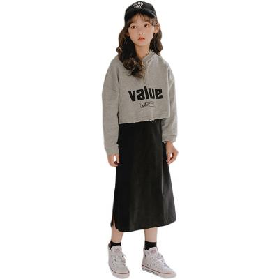 China Hoodie No Stretch Words Hooded Print Short Sweater And Long Casual Dress Girls Dress And Two Piece Set for sale