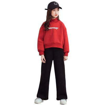 China Autumn And Winter Girls Suit Washable High-Neck Printed Words Fleece Plus Velvet Fabric Wide-Leg Pants Kids Non-Inverted Velvet Fabr for sale