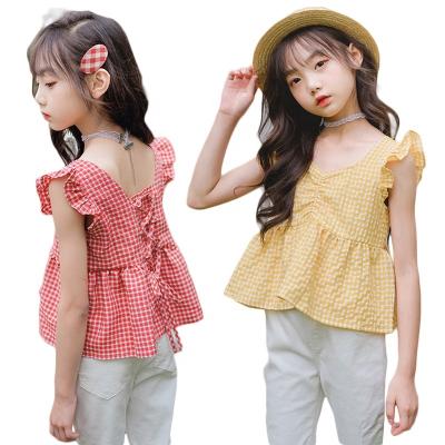 China Breathable Drawstring Top Girls Suspender Plaid Shirt Girls Summer Soft Kids T-Shirt for sale