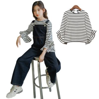 China QUICK DRY Autumn And Spring Round Neck Large Lotus Leaf Sleeves Top Children Striped Casual Noise T-shirt Girls Western Style T-shirt for sale