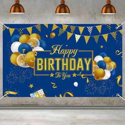 China Digital Printing Happy Birthday Decorations Big Banner Blue And Gold SignBackdrop Background For Baby Shower for sale