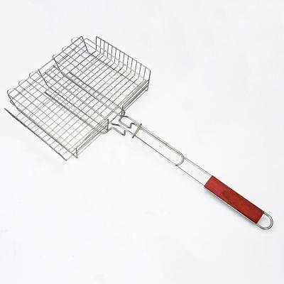 China Stainless Steel BBQ Wire Grill Net Easy Easily Cleaned Family BBQ Grilling Portable BBQ Wire Mesh With Wooden Handle for sale