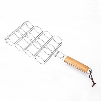 China Easily Cleaned Charcoal Grill Accessories Chrome Plated Corn Grilling Basket Mesh Bamboo Handle For Home BBQ Corn for sale