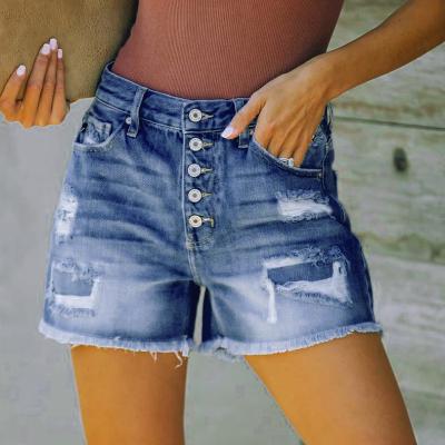 China GS1682 2021 new pure color warm breathable high waist ripped jeans short pants for sale