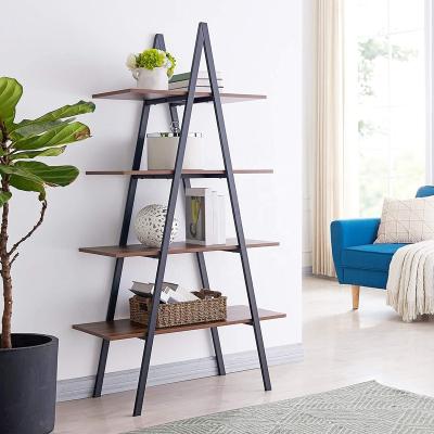 China 4 Tier Ladder Industrial Metal Bookshelf Wooden Shelf Modern Standing Book Shelves for sale