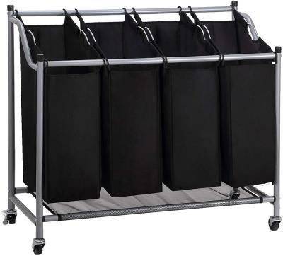 China Convenient Laundry Sorter Trolley 4 Bag with Heavy Duty 4 Wheels Rolling Basket Laundry Sorter Organizer Clothes Cart Steel Frame for sale