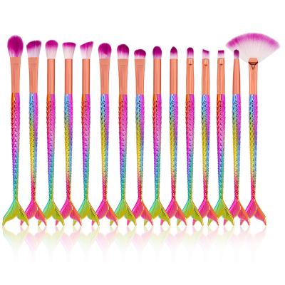 China Angular Blush 2021 New Arrival Factory Wholesale Custom Logo 15pcs Mermaids, Makeup Brush Set Handle Eyeshadow Fishtail Brush With OPP Bag for sale